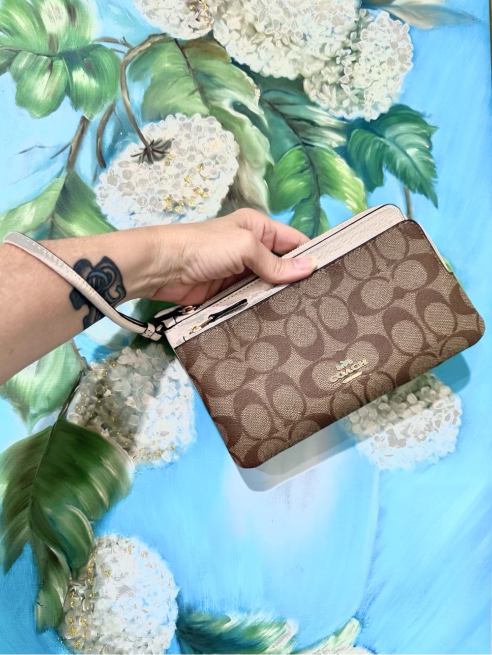 Coach C5576 Signature Canvas Double Zip Wallet Wristlet Brown Pebble Leather
